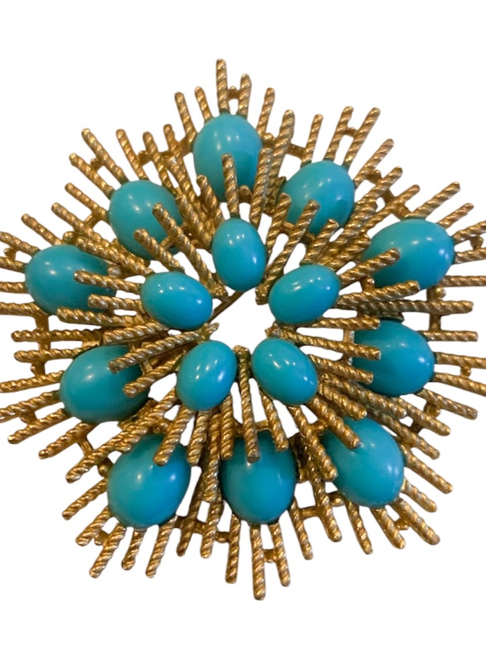 Vintage 1960’s Avon Art Deco Susan Caplan Starburst Brooch Turquoise Cabochon